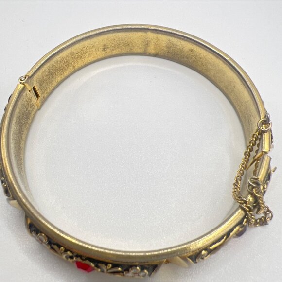 Vintage Spanish Damascene Bracelet Hinged Bangle Rhinestones Enamel Safety Chain - Picture 9 of 10